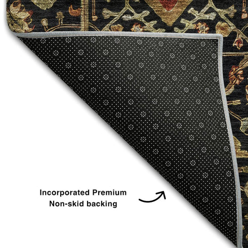 5' X 8' Black Gold And Blue Oriental Washable Area Rug With UV Protection