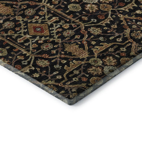 5' X 8' Black Gold And Blue Oriental Washable Area Rug With UV Protection