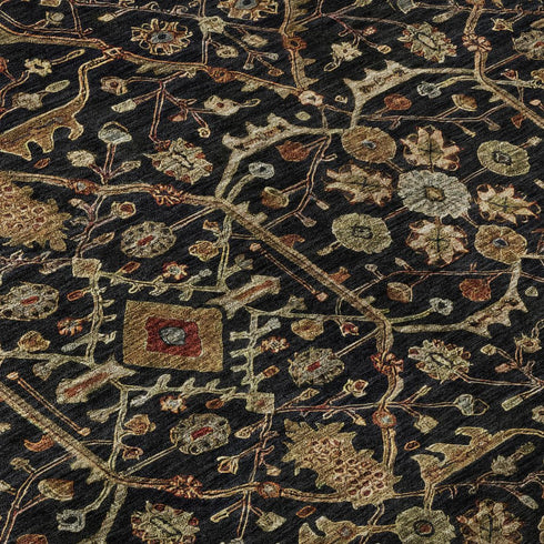 5' X 8' Black Gold And Blue Oriental Washable Area Rug With UV Protection
