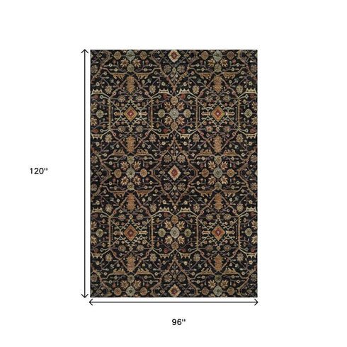 8' X 10' Black Gold And Blue Oriental Washable Area Rug With UV Protection
