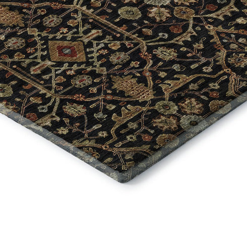 8' X 10' Black Gold And Blue Oriental Washable Area Rug With UV Protection