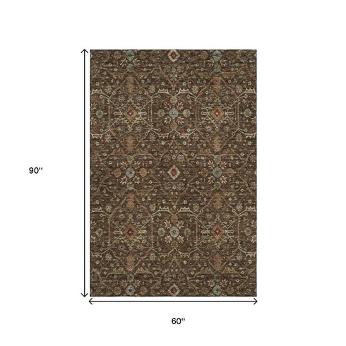 5' X 8' Chocolate Copper And Blue Oriental Washable Area Rug With UV Protection