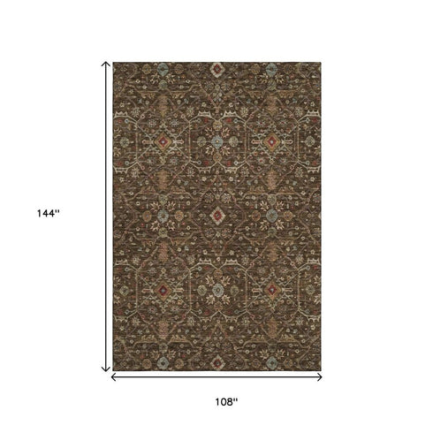 9' X 12' Chocolate Copper And Blue Oriental Washable Area Rug With UV Protection