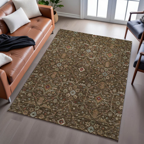 9' X 12' Chocolate Copper And Blue Oriental Washable Area Rug With UV Protection
