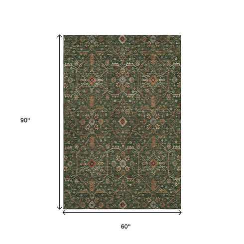 5' X 8' Emerald Copper And Beige Oriental Washable Area Rug With UV Protection