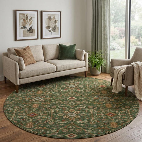 8' Emerald Copper And Beige Oriental Washable Round Rug With UV Protection