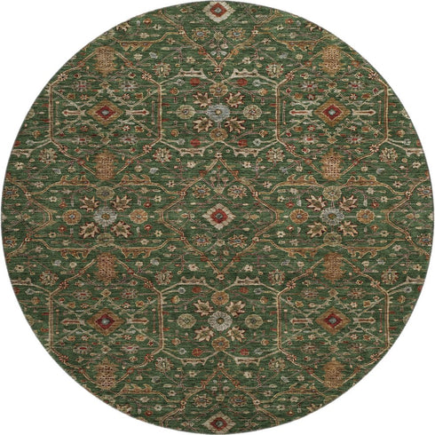 8' Emerald Copper And Beige Oriental Washable Round Rug With UV Protection