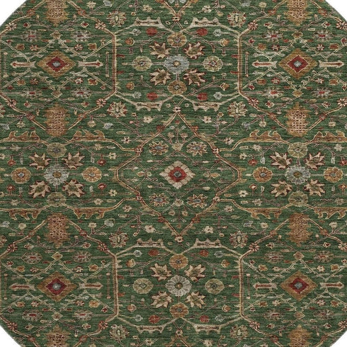 8' Emerald Copper And Beige Oriental Washable Round Rug With UV Protection