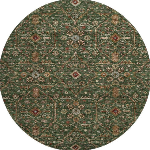 8' Emerald Copper And Beige Oriental Washable Round Rug With UV Protection