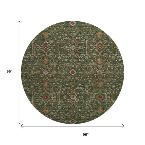 8' Emerald Copper And Beige Oriental Washable Round Rug With UV Protection