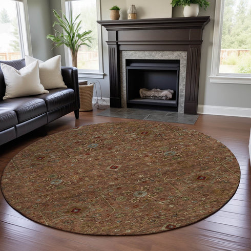 8' Rust Gold And Blue Oriental Washable Round Rug With UV Protection