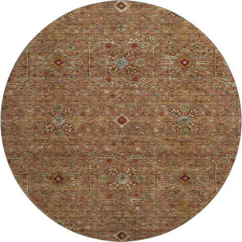 8' Rust Gold And Blue Oriental Washable Round Rug With UV Protection