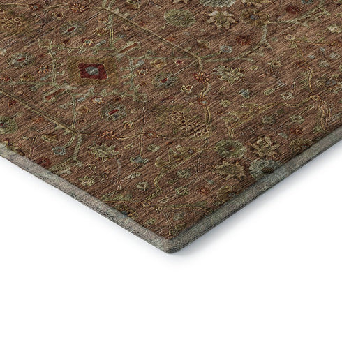 8' Rust Gold And Blue Oriental Washable Round Rug With UV Protection