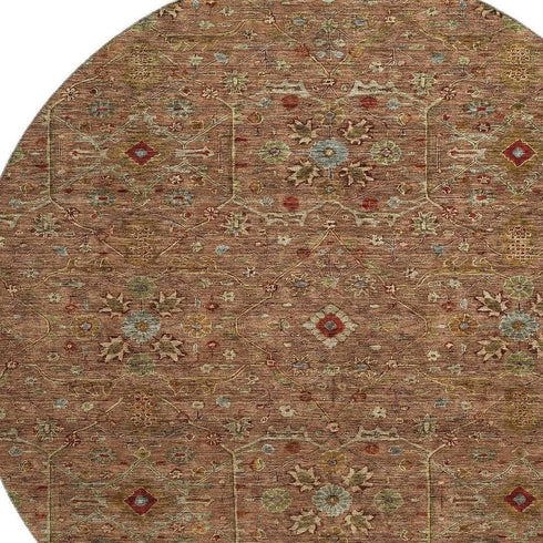 8' Rust Gold And Blue Oriental Washable Round Rug With UV Protection