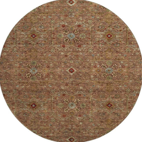 8' Rust Gold And Blue Oriental Washable Round Rug With UV Protection