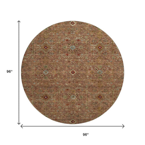 8' Rust Gold And Blue Oriental Washable Round Rug With UV Protection