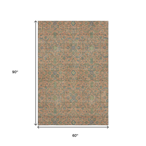 5' X 8' Coral Denim Blue And Green Oriental Washable Area Rug With UV Protection