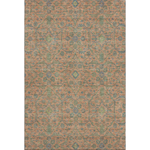 5' X 8' Coral Denim Blue And Green Oriental Washable Area Rug With UV Protection