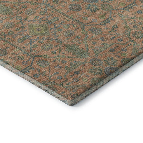 5' X 8' Coral Denim Blue And Green Oriental Washable Area Rug With UV Protection