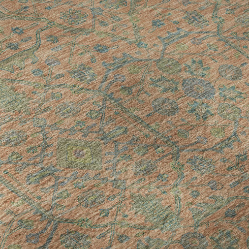 5' X 8' Coral Denim Blue And Green Oriental Washable Area Rug With UV Protection