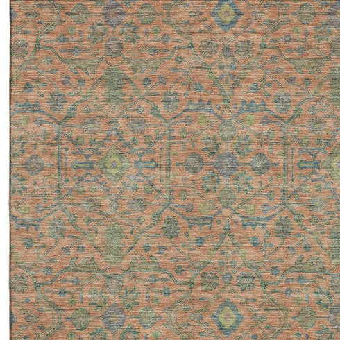 5' X 8' Coral Denim Blue And Green Oriental Washable Area Rug With UV Protection