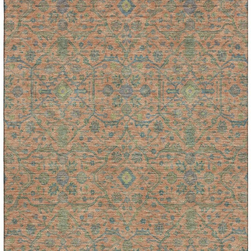 5' X 8' Coral Denim Blue And Green Oriental Washable Area Rug With UV Protection