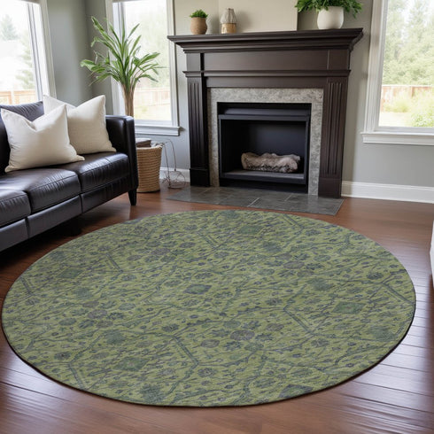 8' Lime Green And Gray Oriental Washable Round Rug With UV Protection