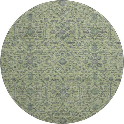 8' Lime Green And Gray Oriental Washable Round Rug With UV Protection