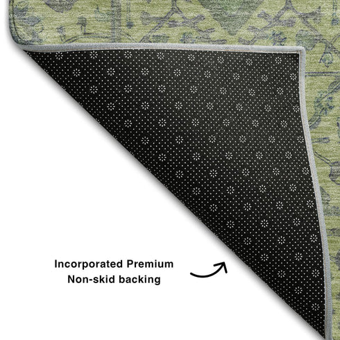 8' Lime Green And Gray Oriental Washable Round Rug With UV Protection
