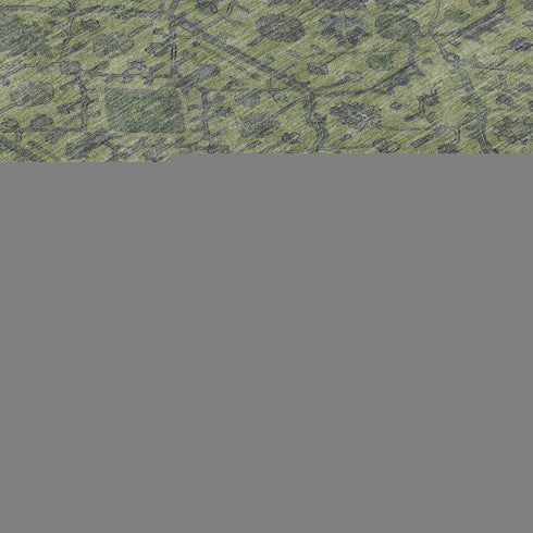 8' Lime Green And Gray Oriental Washable Round Rug With UV Protection