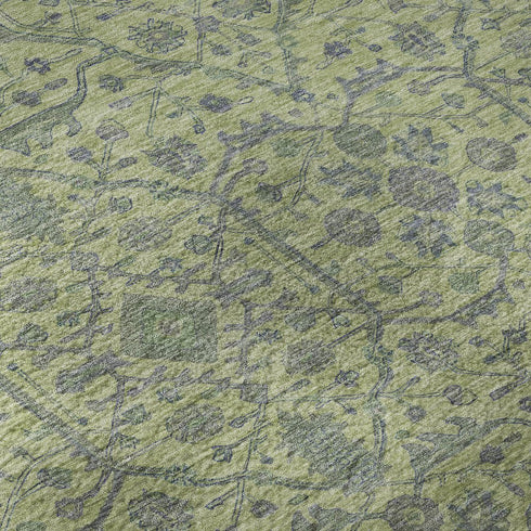 8' Lime Green And Gray Oriental Washable Round Rug With UV Protection