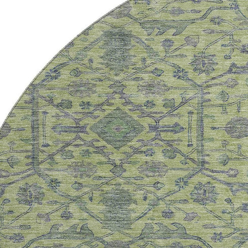 8' Lime Green And Gray Oriental Washable Round Rug With UV Protection