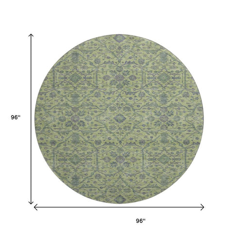 8' Lime Green And Gray Oriental Washable Round Rug With UV Protection