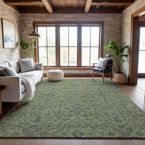 9' X 12' Lime Green And Gray Oriental Washable Area Rug With UV Protection