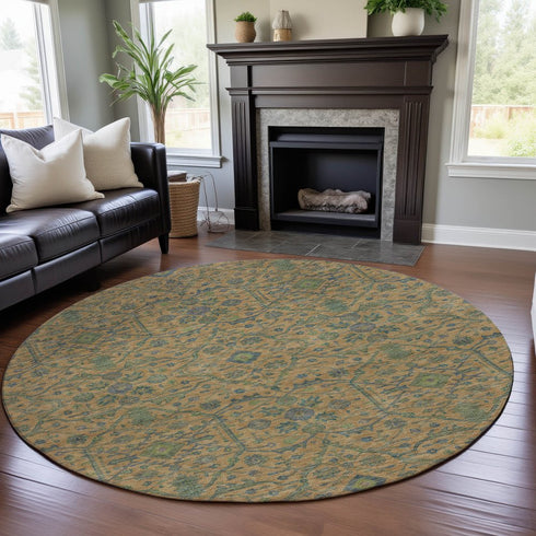 8' Orange Blue And Green Oriental Washable Round Rug With UV Protection