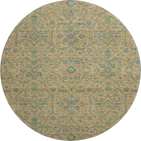 8' Orange Blue And Green Oriental Washable Round Rug With UV Protection