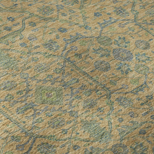 8' Orange Blue And Green Oriental Washable Round Rug With UV Protection