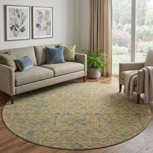 8' Orange Blue And Green Oriental Washable Round Rug With UV Protection