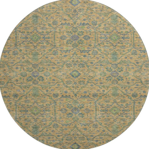 8' Orange Blue And Green Oriental Washable Round Rug With UV Protection