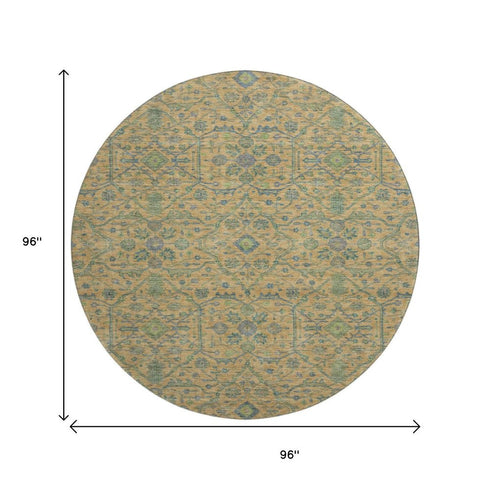 8' Orange Blue And Green Oriental Washable Round Rug With UV Protection