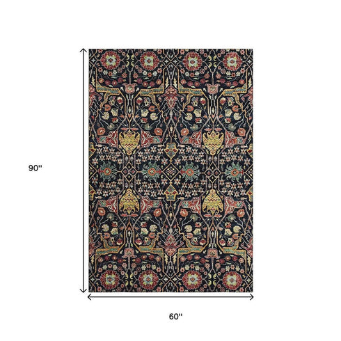5' X 8' Black Gold Teal And Red Floral Washable Area Rug With UV Protection