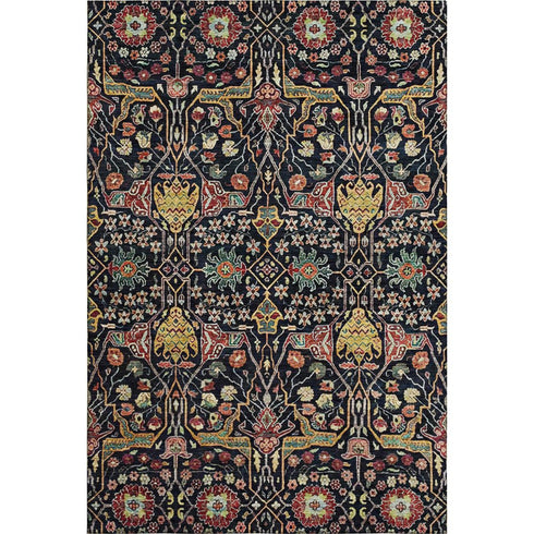 5' X 8' Black Gold Teal And Red Floral Washable Area Rug With UV Protection