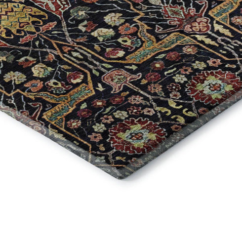 5' X 8' Black Gold Teal And Red Floral Washable Area Rug With UV Protection