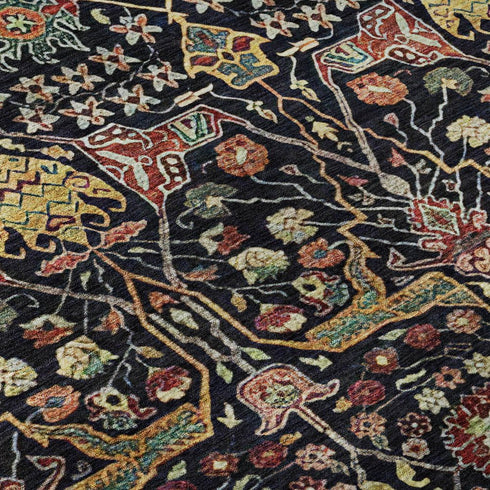 5' X 8' Black Gold Teal And Red Floral Washable Area Rug With UV Protection