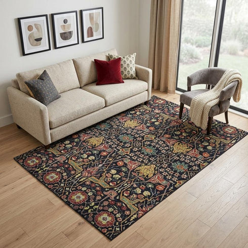 5' X 8' Black Gold Teal And Red Floral Washable Area Rug With UV Protection