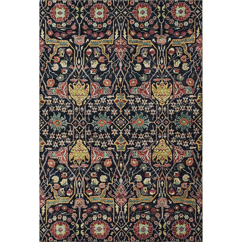 5' X 8' Black Gold Teal And Red Floral Washable Area Rug With UV Protection