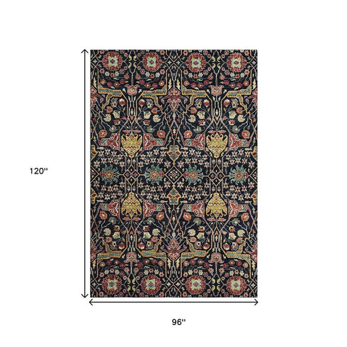 8' X 10' Black Gold Teal And Red Floral Washable Area Rug With UV Protection