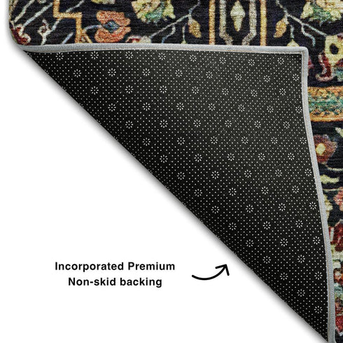 8' X 10' Black Gold Teal And Red Floral Washable Area Rug With UV Protection