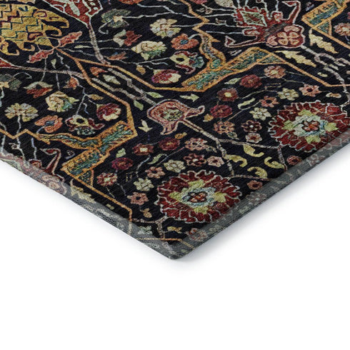 8' X 10' Black Gold Teal And Red Floral Washable Area Rug With UV Protection