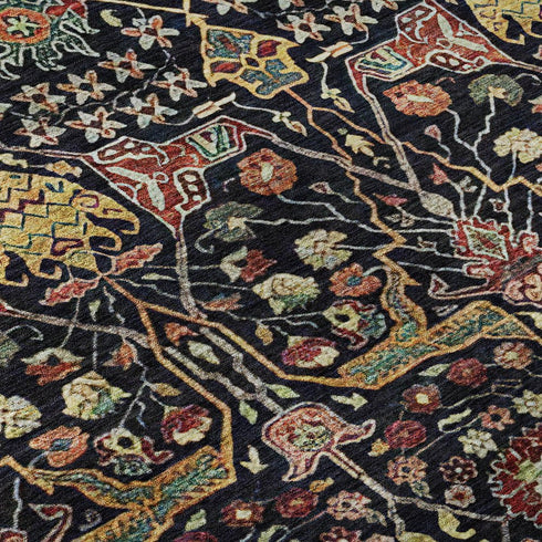 8' X 10' Black Gold Teal And Red Floral Washable Area Rug With UV Protection